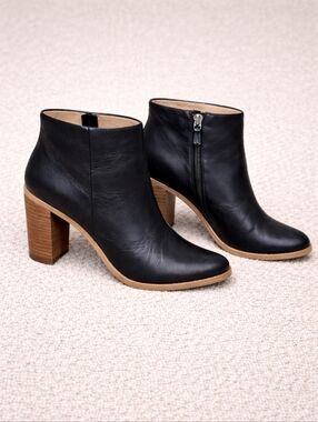 Mango Black Leather Pointed Toe Ankle Boots Moto Block Heel EU 37 (US 6.5-7)